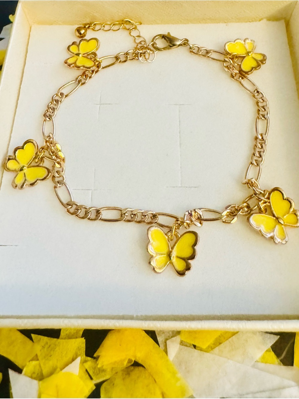 Gold Butterfly Charm Bracelet with Yellow Enamel Accents for Women